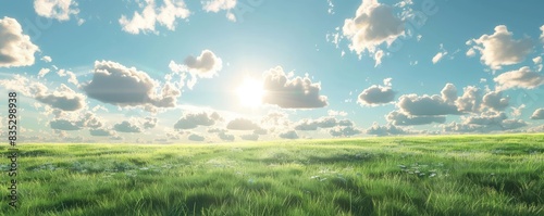 green meadow under a sunny sky with fluffy clouds and a solitary tree, symbolizing peace and growth.
