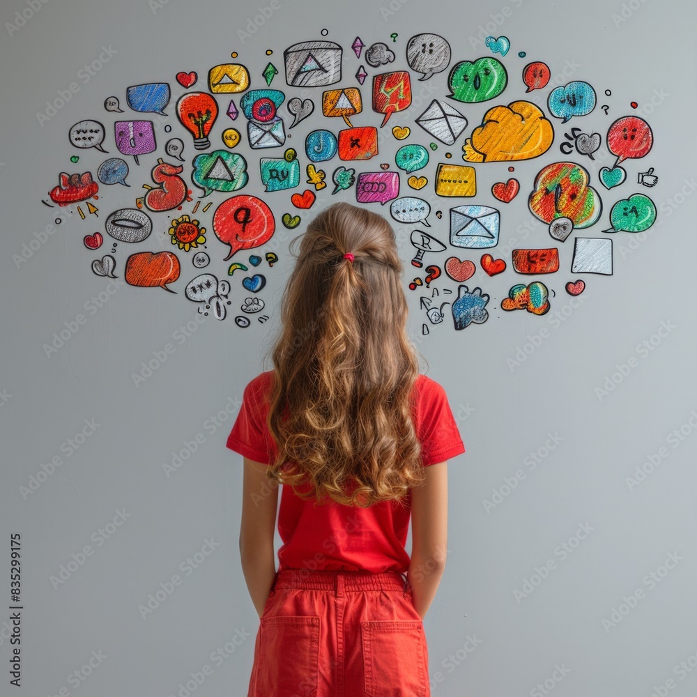 photo of social media speech bubbles popping out from a person's head/mind. The kids is wearing a red shirt. photo of social media speech bubbles popping out from a person's head/mind. The kids is wearing a red shirt.