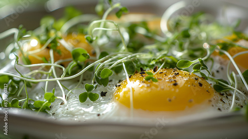 Broccoli sprouts or microgreens on top of a fried egg photo