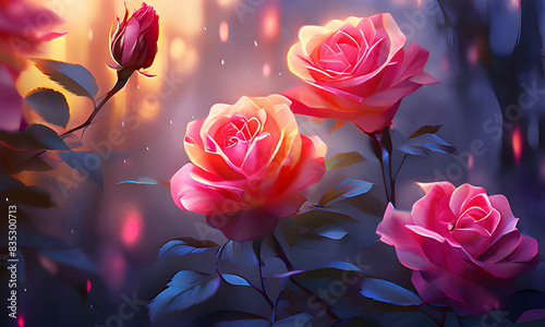 Glowing Pink Roses in The Forest Illustration