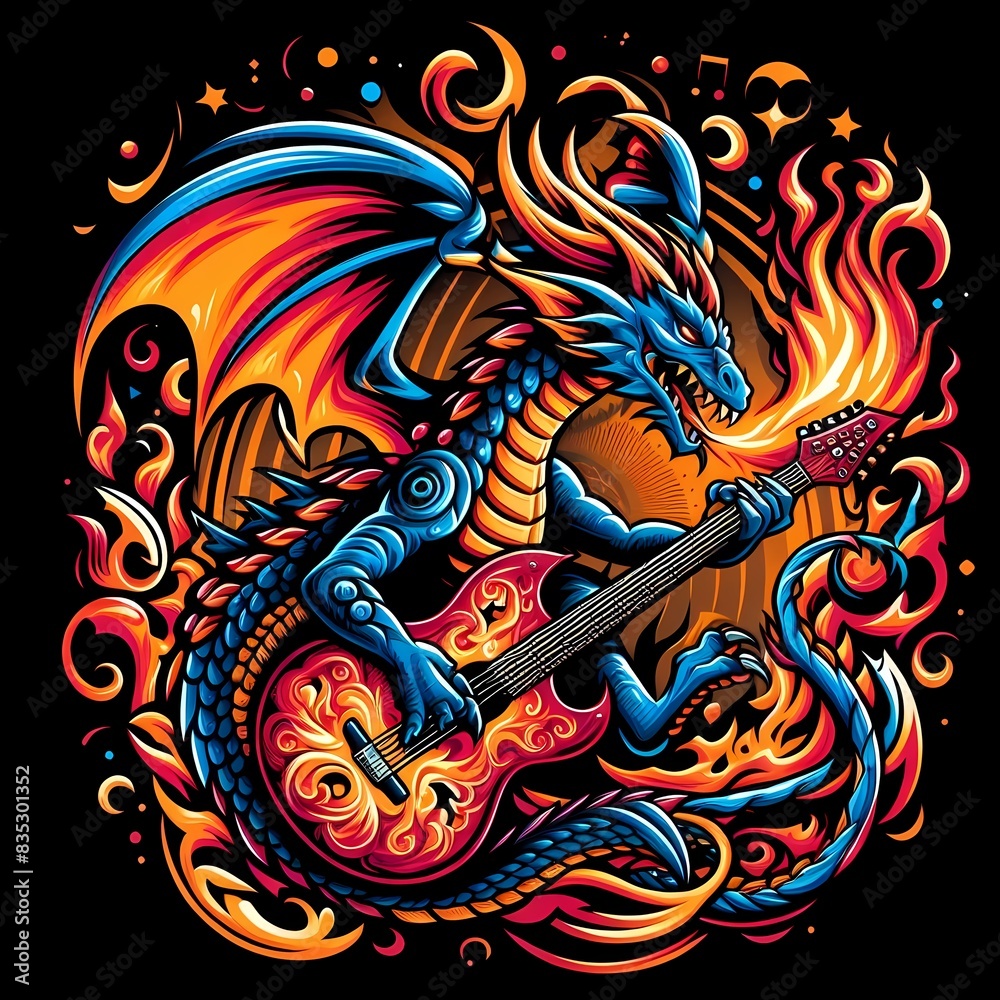 Fototapeta premium Rocking Dragon: Fiery Beast Playing Guitar