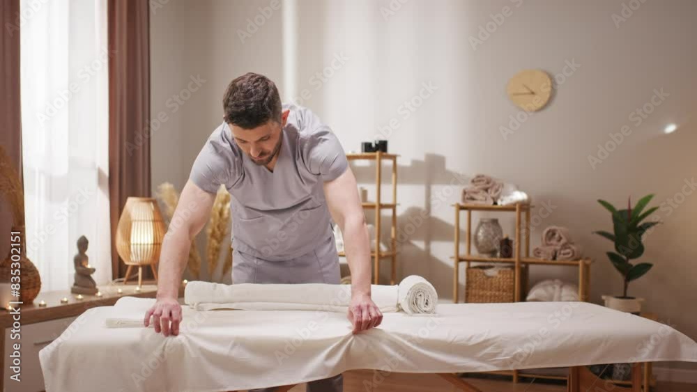 Young bearded worker with uniform cleaning or preparing massage bed for patient. Placing fresh towel on white bedclothes. Working in beauty salon. Wellness. Workday. Concept of massage. Young bearded worker with uniform cleaning or preparing massage bed for patient. Placing fresh towel on white bedclothes. Working in beauty salon. Wellness. Workday. Concept of massage.