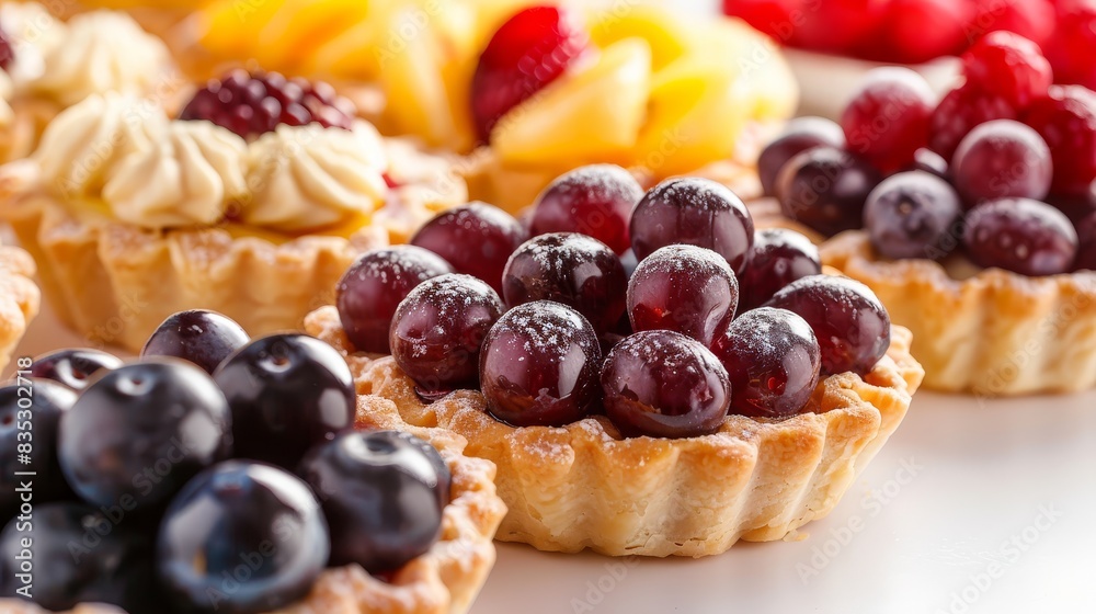 Assorted fruit tarts with grapes on a clean white background, arranged exquisitely (close up, fine desserts, realistic, Fusion, high-end restaurant backdrop) Assorted fruit tarts with grapes on a clean white background, arranged exquisitely (close up, fine desserts, realistic, Fusion, high-end restaurant backdrop)