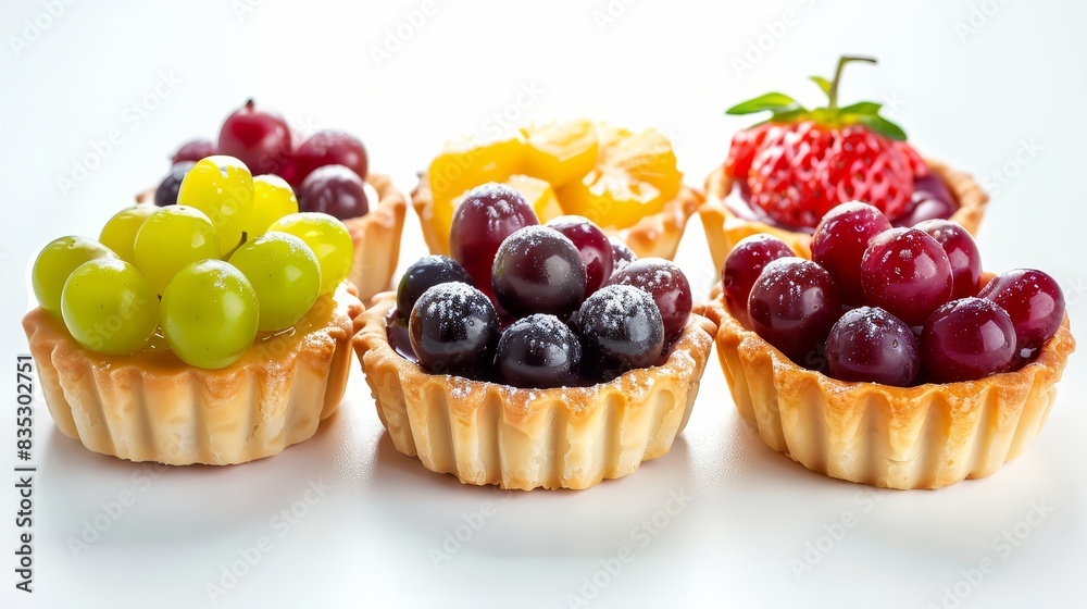 Assorted fruit tarts with grapes on a clean white background, arranged exquisitely (close up, fine desserts, realistic, Fusion, high-end restaurant backdrop) Assorted fruit tarts with grapes on a clean white background, arranged exquisitely (close up, fine desserts, realistic, Fusion, high-end restaurant backdrop)