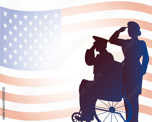 Senior veteran in wheelchair and female veteran saluting American flag background. Silhouette design honoring veterans.