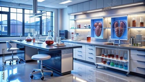 A clean and modern laboratory setting with lab-grown organs on display , bioengineering, technology, innovation, South Korean, transplantation, science, futuristic, organ shortage