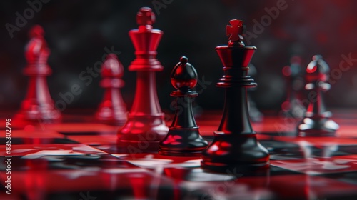 Black controlled risk plan with red solution, strategic 3D visualization with chess pieces. Ideal for themes of business strategy and risk control photo