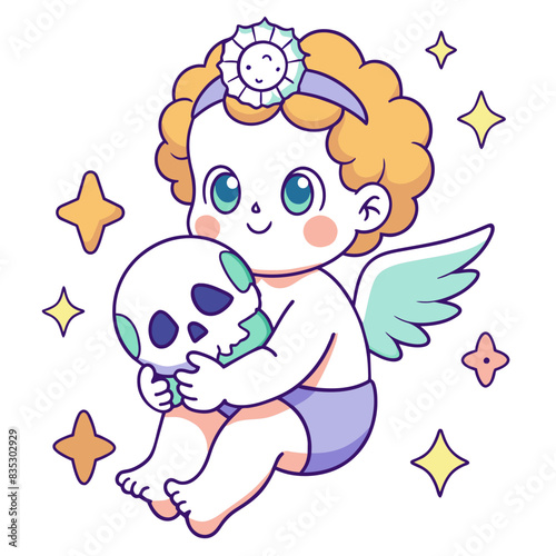 cherub holding a skull adorned with intricate floral patterns. Use a pastel color palette and include detailed flowers like roses and lilies wrapping around the skull and cherub
