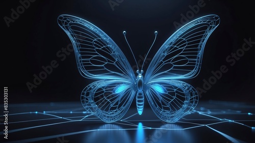 High-tech wireframe butterfly illustration with blue glowing dots, demonstrating the intricate lines and points technology