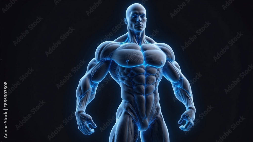 Human muscle silhouette in 3D wireframe style with blue glow dots, set against a dark blue background, symbolizing power and strength Human muscle silhouette in 3D wireframe style with blue glow dots, set against a dark blue background, symbolizing power and strength