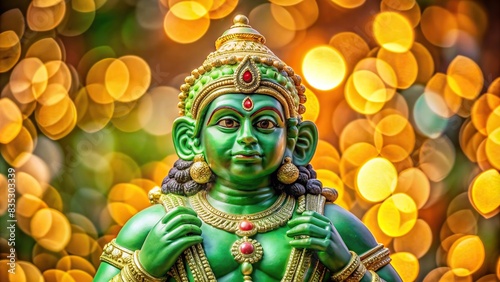 Green colored Hanuman statue with bokeh background   Hanuman  statue  green  bokeh  background  religion  spirituality  Hinduism  deity  ornament  decorative  vibrant  traditional  culture