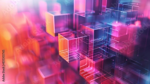 Soft colored abstract background featuring a 3D cube, illustrating modern technological trends with clean and simple digital details