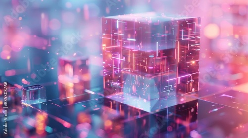 Modern abstract illustration of a 3D cube, rendered in soft colors with a focus on technological themes and minimalist details