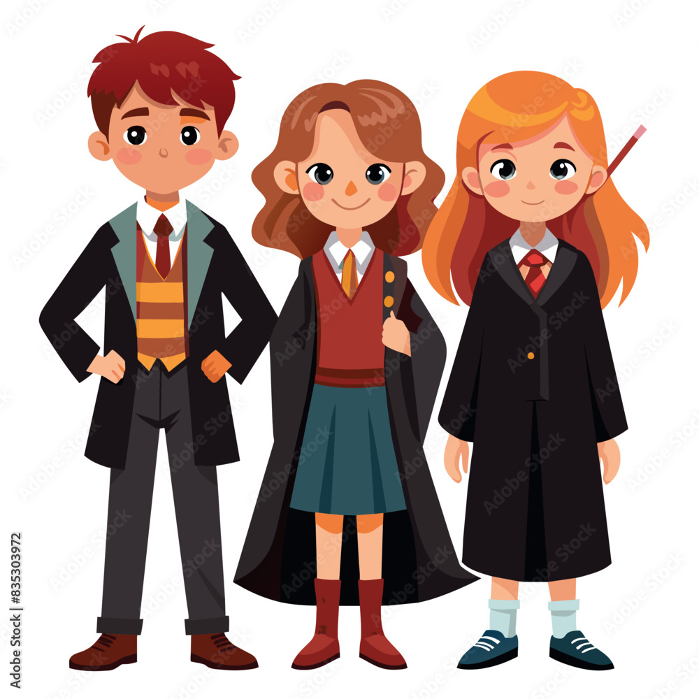 Three children dressed in wizard robes pose for a picture. Three children dressed in wizard robes pose for a picture.