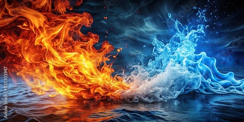 Vibrant stock photo contrasting fire and water elements , contrast, heat, cold, elements, energy, dynamic, power, nature, balance, harmony, temperature, fluid, movement, transformation