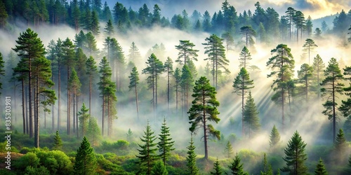 Misty pine tree forest with realistic details, mountain, fog, pine trees, forest, mist, nature, landscape, serene, tranquil, outdoor, scenery, wilderness, greenery, tranquil, peaceful, woods