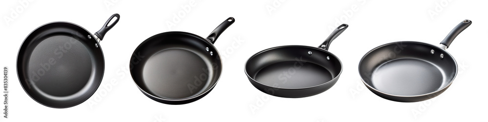 Collection set of black frying pan isolated on transparent background Collection set of black frying pan isolated on transparent background