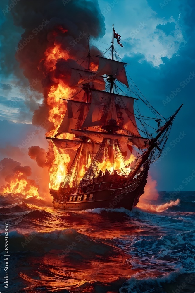 Obraz premium Ship on fire on the sea