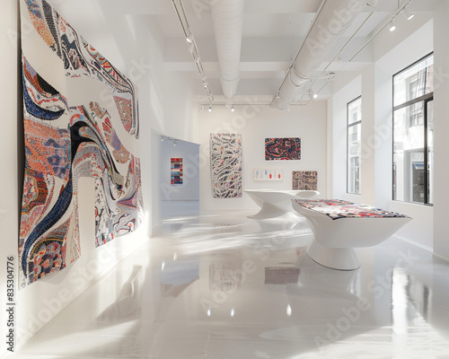 Innovative Avant Art Gallery interior with contemporary digital textiles in a clean, bright environment, merging traditional fabric techniques and digital innovation,