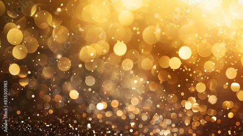 Abstract bokeh of glowing yellow lights and sparkling gold glitter background or wallpaper ,Gold sparkle stars background with bokeh glitter explosion on a black background