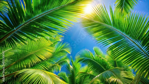 Green palm tree leaves on a clear blue sky background , tropical, exotic, nature, foliage, palm fronds, tropical leaves, botany, lush, vibrant, sunny, summer, vacation, beach, paradise © Sangpan