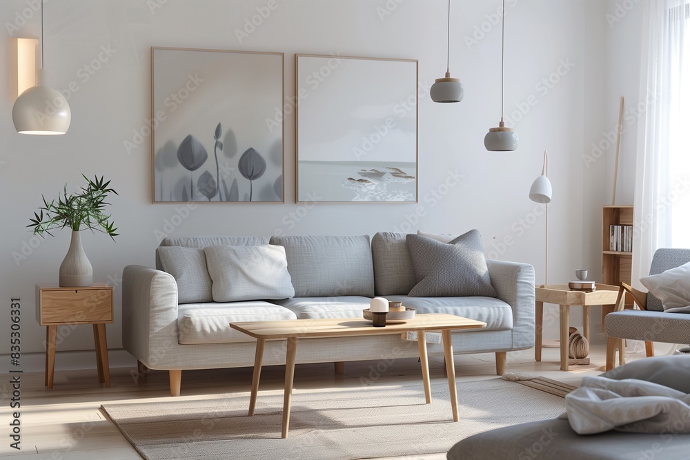 Fototapeta premium A contemporary living room with a Scandinavian design, featuring light wood furniture, a grey sofa, and minimalist decor.