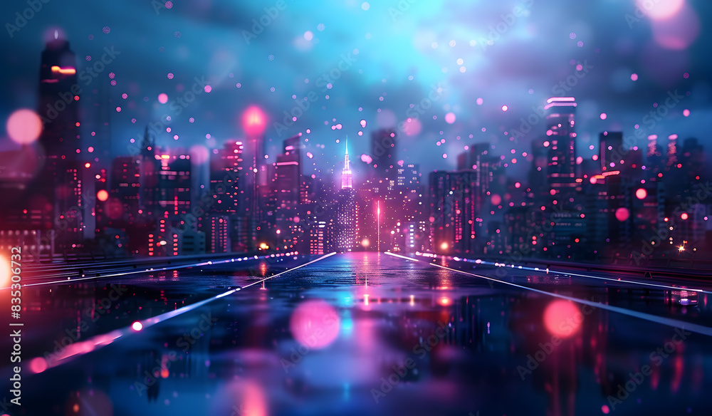 A big city at night in blurred lights