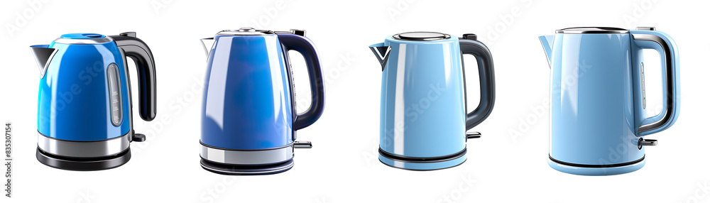 Collection set of blue electric kettle isolated on transparent background Collection set of blue electric kettle isolated on transparent background