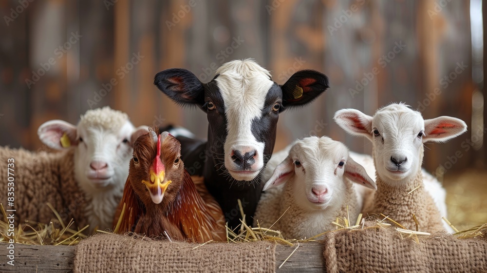 Farm animals with a chicken in rustic barn