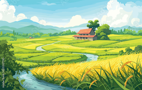 Illustrative Vector Art: Surreal Rice Fields - Digital Illustration of Artistic Landscape Illusions with Vibrant Greenery