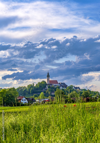Gewitterwolken über der Landschaft beim Kloster Andechs, Bayern, Deutschland photo