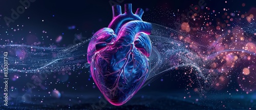 Modern Health and Health Technology Concept: Human heart shape with blue purple cardio pulse line photo