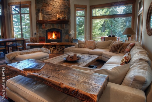 A cozy living room with a large L-shaped sofa, a rustic wooden coffee table, and a fireplace with a stone surround.