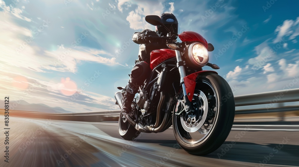 The red motorcycle on highway The red motorcycle on highway