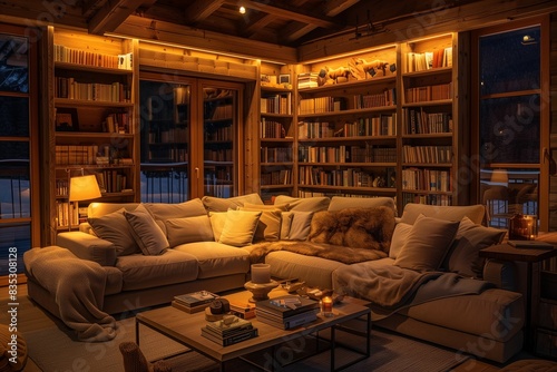 A cozy living room with warm lighting, a large sectional sofa, a wooden coffee table, and a bookshelf filled with books and decor items.
