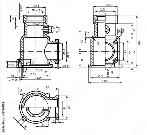 Vector mechanic drawing of a steel cast mechanical part with 
through holes and dimension lines.
Engineering cad scheme. Technical template. Cross section. Blueprint of a house.