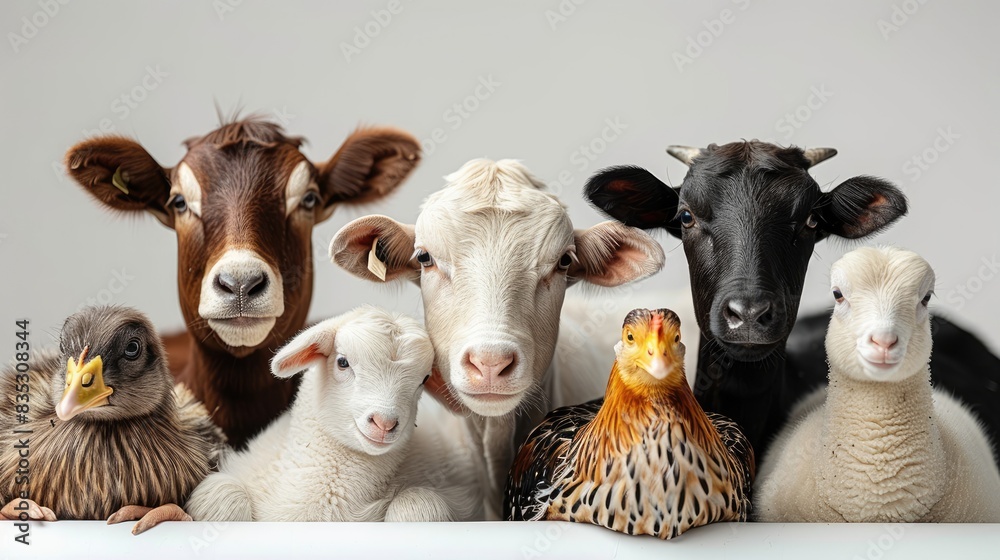 Group of farm animals on white background