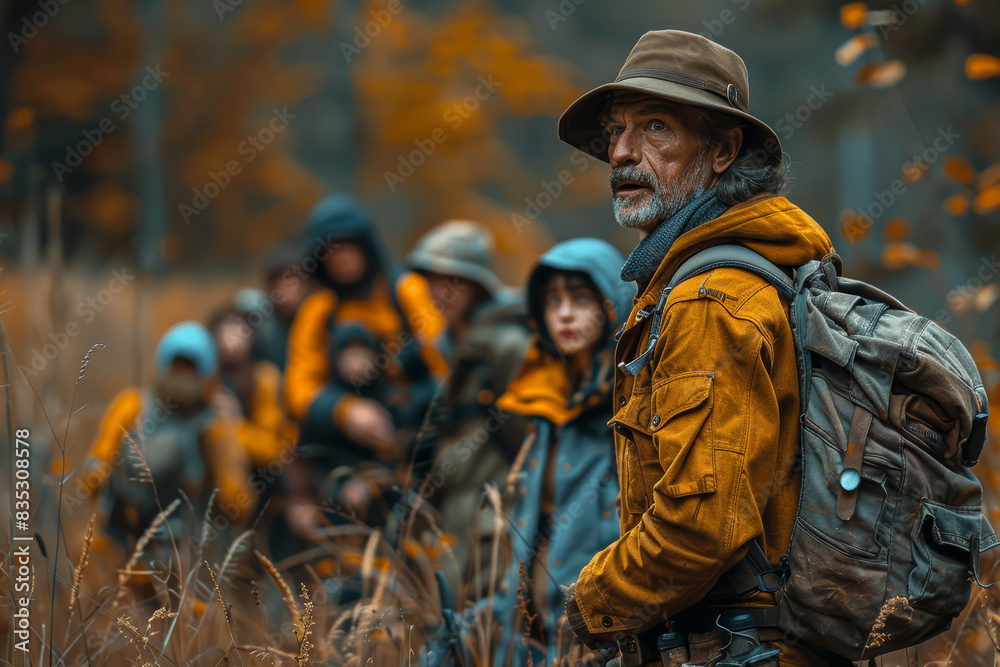 A park ranger guiding a group of hikers. Concept of nature and education. Generative Ai.