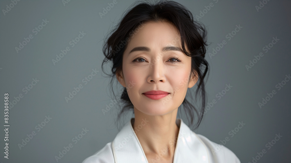 Mature Asian woman with a serene smile, representing natural beauty and graceful aging Mature Asian woman with a serene smile, representing natural beauty and graceful aging