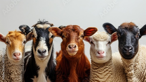 Front view of farm animals standing together