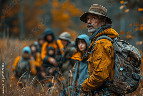 A park ranger guiding a group of hikers. Concept of nature and education. Generative Ai.