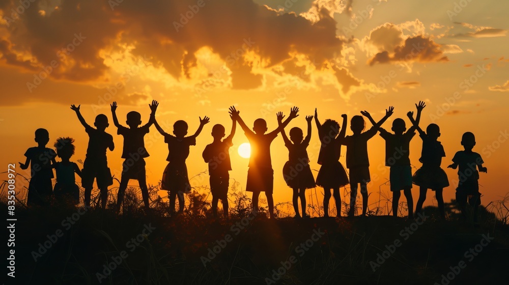 Silhouette of a group of refugee children. Themes of responsibility, worship, World Kids Day, prayer, hope, freedom, diversity, faith, World Refugee Day Silhouette of a group of refugee children. Themes of responsibility, worship, World Kids Day, prayer, hope, freedom, diversity, faith, World Refugee Day