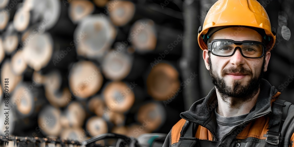 Fototapeta premium Celebrating International Workers Day: Skilled Timber Worker Operating Gasoline Wood Cutter. Concept Timber Industry, Gasoline Wood Cutter, Skilled Worker, International Workers Day, Celebration