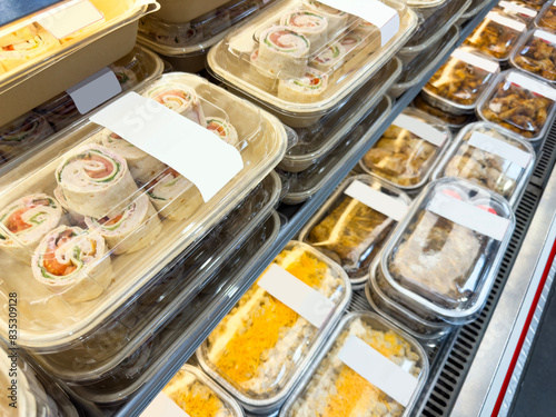 Prepackaged food in market retail display photo