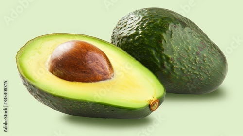 Creamy avocado half on a light green background, highlighting its fresh and smooth interior. Ideal for visuals related to nutrition and culinary arts