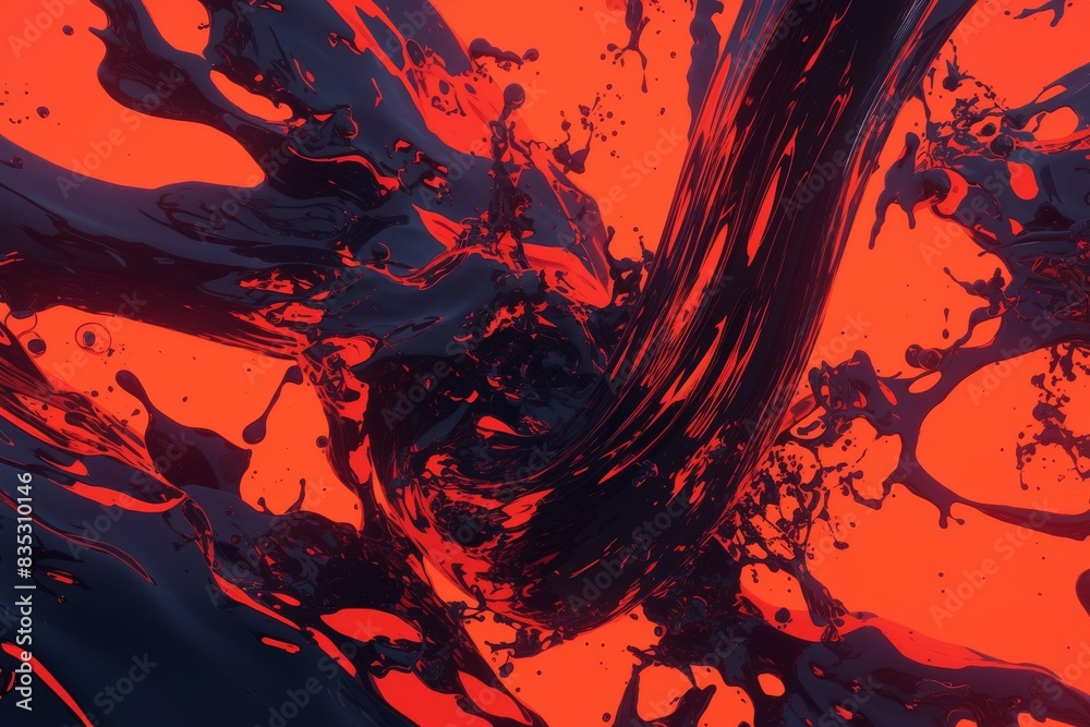 Vibrant red abstract motion with black fluid shapes and intricate details Vibrant red abstract motion with black fluid shapes and intricate details