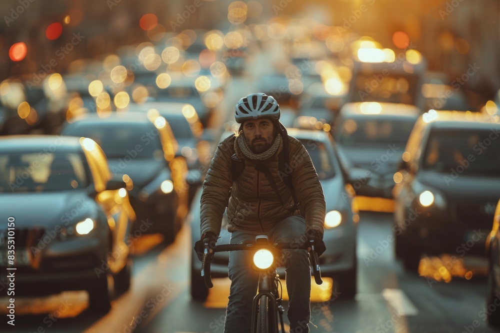 cyclist rides a bicycle through a traffic jam cyclist rides a bicycle through a traffic jam