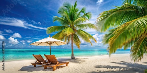 Tropical beach scene with lounge chair, natural umbrella, and palm trees by the light blue sea, beach, tropical, landscape, sea, sky, palms, lounge chair, umbrella, relaxation, vacation