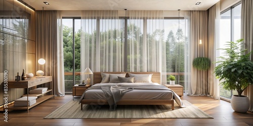 Tranquil bedroom with platform bed and sheer curtains, creating a cocoon-like space for rest and relaxation, bedroom, tranquil, platform bed, sheer curtains, cocoon, comfort, serenity photo