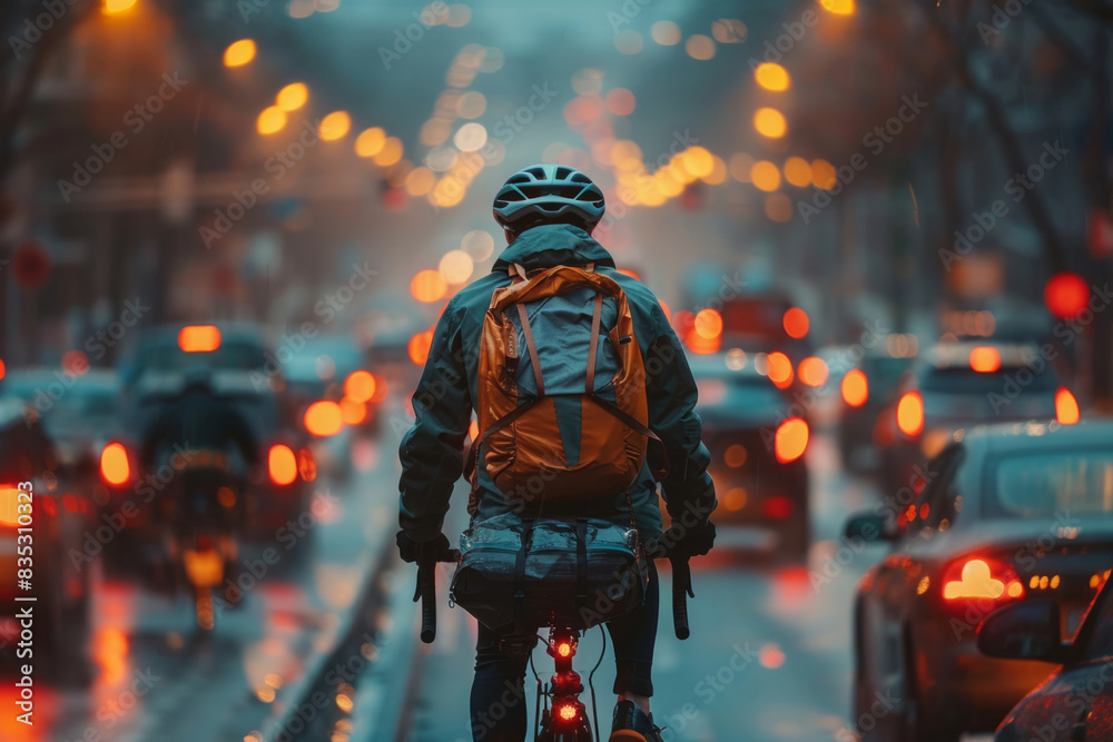 cyclist on a crowded road in a traffic jam cyclist on a crowded road in a traffic jam